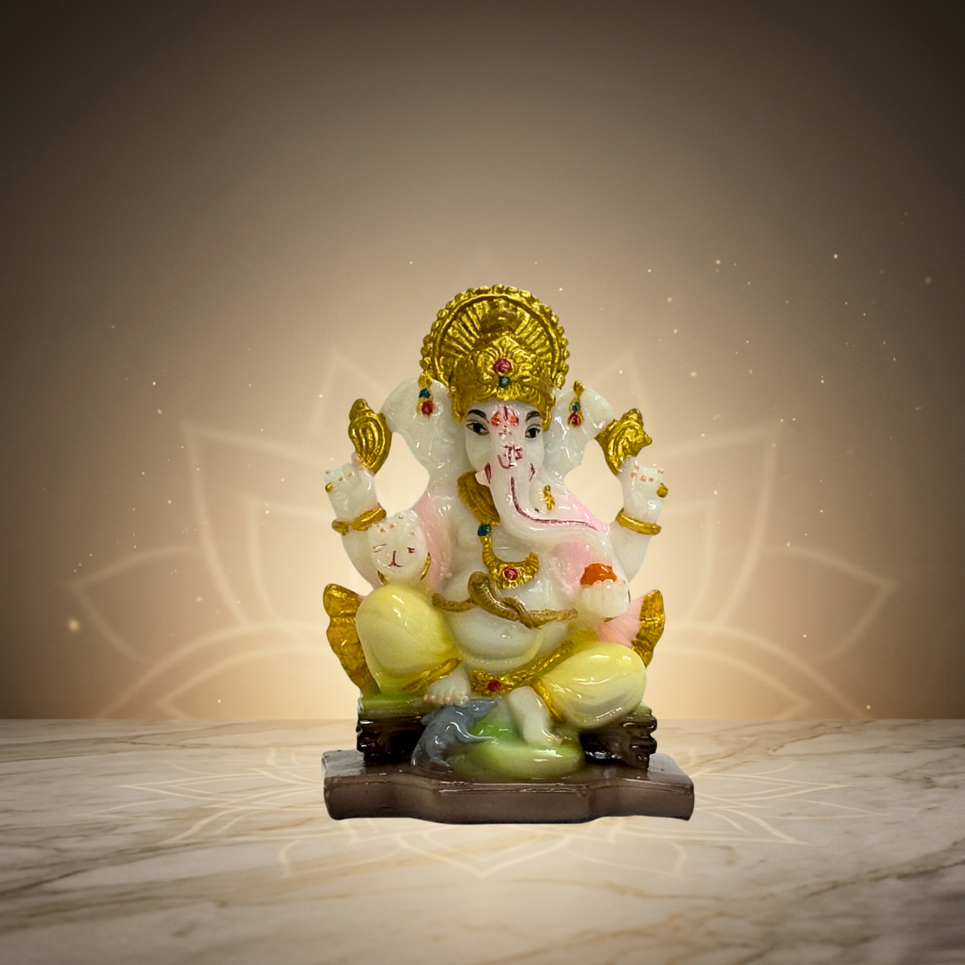 White & Gold Ganesh Idol 4 Inch Decorative Spiritual Statue