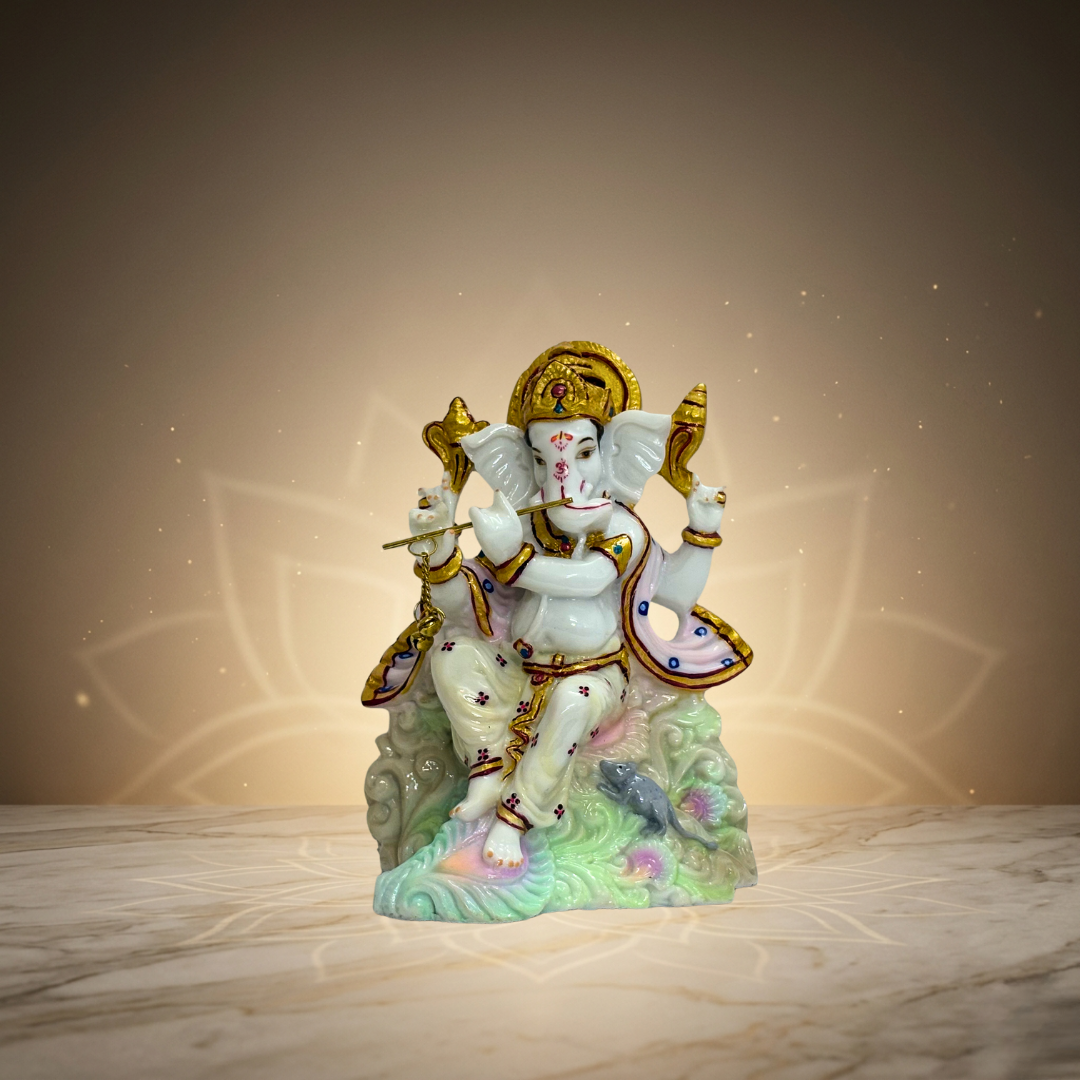 White Multicolor Ganesh Marble Dust Statue 8 Inch Decorative Idol