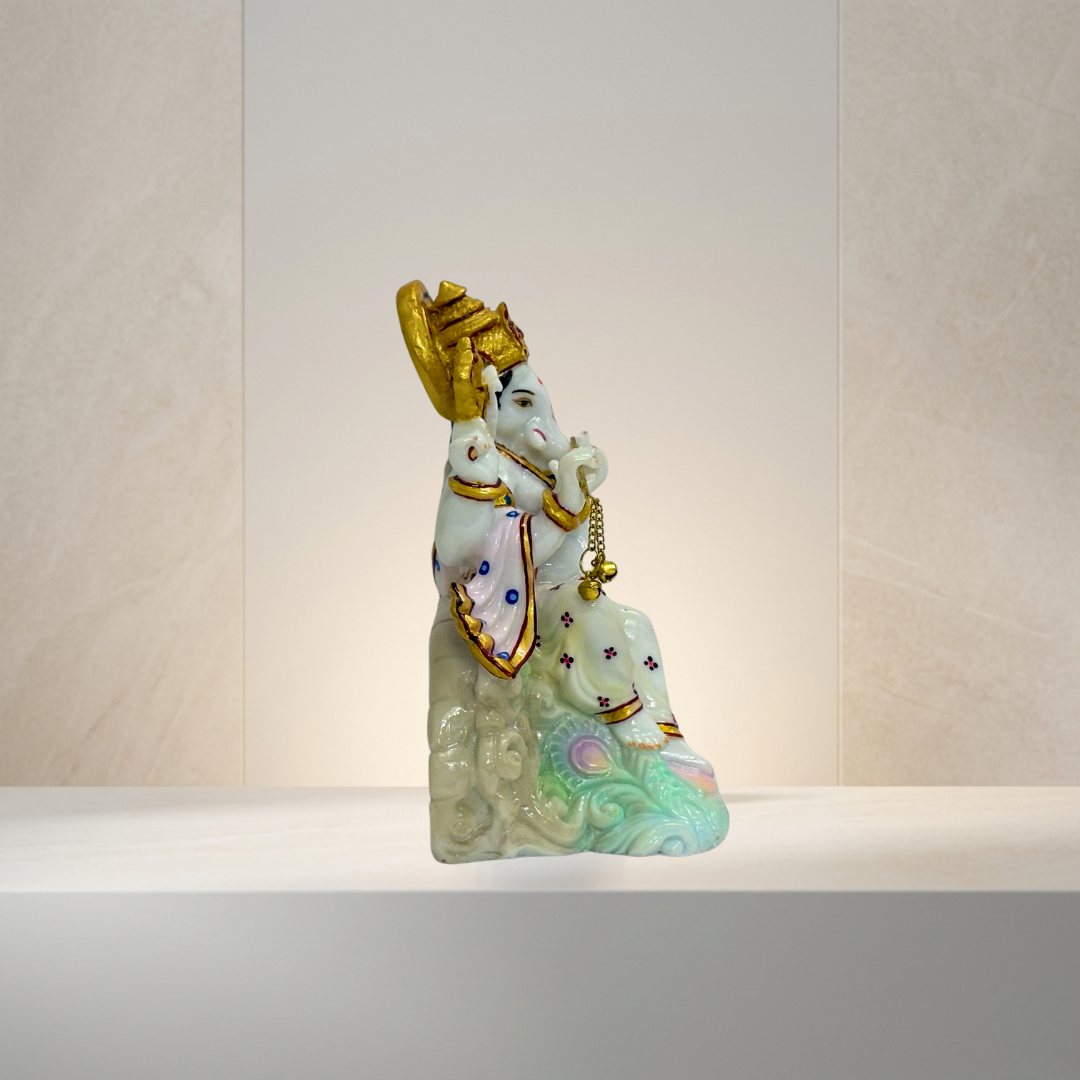 White Multicolor Ganesh Marble Dust Statue 8 Inch Decorative Idol - Image 3