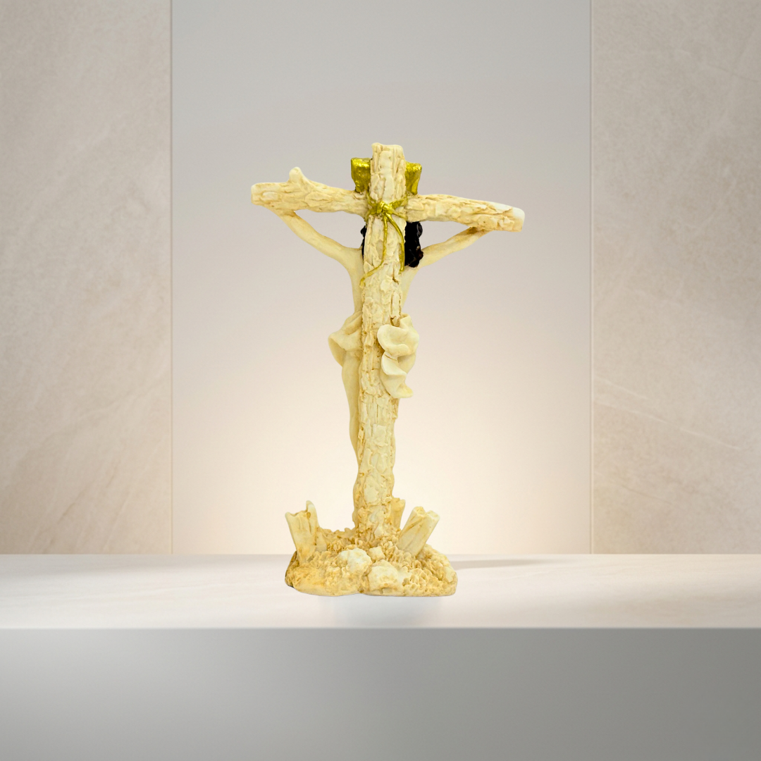 White & Gold Jesus Marble Dust Crucifix Statue 8 Inch Figurine - Image 4