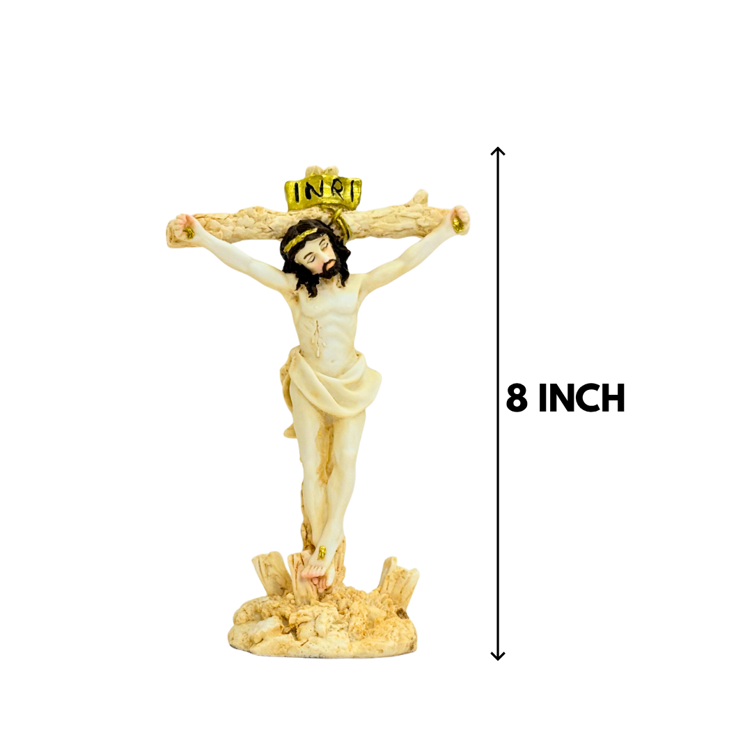 White & Gold Jesus Marble Dust Crucifix Statue 8 Inch Figurine - Image 2
